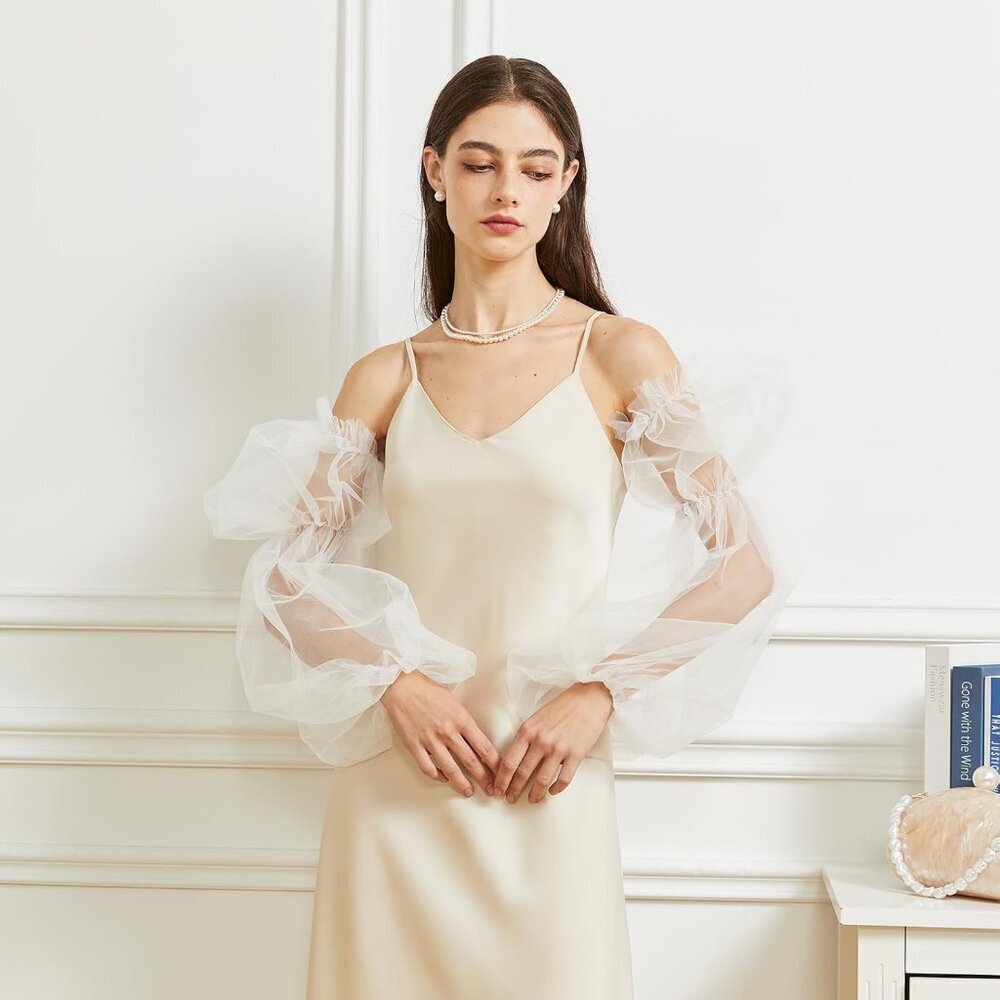 Women's White 2 Satin Tulle Ruffled Puff Long Gloves Banquet Wedding Party - Picture 7 of 7